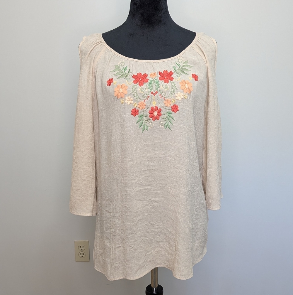 Krazy Kat Embroidered Floral Beige Top Sz L Peek-a-boo Sleeves Ren Fair Boho
